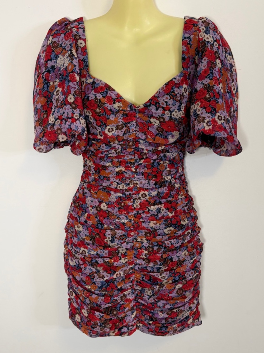 Zara Red Floral Puff-Sleeve Ruched Mini Dress